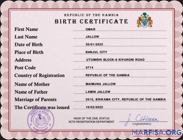 Downloadable Gambia vital record birth certificate PSD template